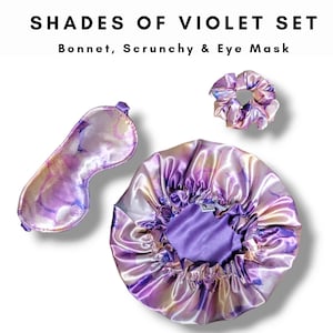 Shades of Violet  Set, Satin Adults Bonnets, Eye Mask, Scrunchy ,Adjustable Bonnet,Silk Sleep Set