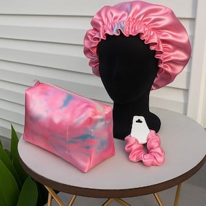 Pink Tye Dye, Satin Adults Bonnets , Cosmetic Bag, Scrunchy 2-in-1 Satin Bonnet with Matching Sleep Mask ,Nighttime Hair Protection set