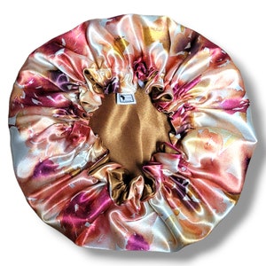 Gold Floral Print Satin Bonnet, Satin Adults Bonnets ,Adjustable Bonnet,Silk Sleep Set,