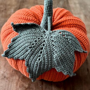 May include: A handmade orange crochet pumpkin with a green leaf and stem. The pumpkin is round with ribbed detailing, and the leaf has a detailed, openwork design. This decorative item is perfect for fall and autumn decor.
