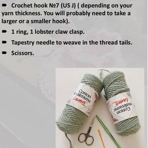 May include: Materials for a macrame project including two spools of green cotton macrame cord, a crochet hook, a tapestry needle, a lobster claw clasp, a ring, and scissors.