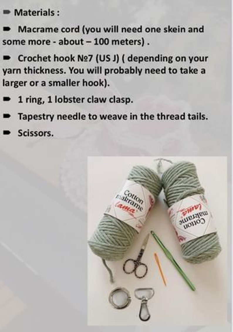 May include: Materials for a macrame project including two spools of green cotton macrame cord, a crochet hook, a tapestry needle, a lobster claw clasp, a ring, and scissors.