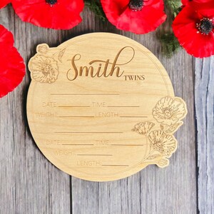 Custom Twins Announcement • Birth Statistics • Hospital • Custom Baby Name Sign • Wooden Twins Keepsake • Personalized • Write In • Poppies