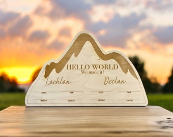 Mountain Twins Announcement • Birth Statistics • Hospital • Custom Baby Name Sign • Wooden Twins Keepsake • Personalized • Write In