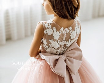 Flower girl dress,Dusty rose flower girl dress,Lace and tulle flower girl dress,Toddler wedding dress,Baby girl dress,Tutu flower girl dress