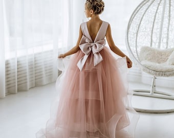 May include: A young girl wearing a blush pink tulle dress with a large satin bow on the back. The dress has multiple layers of tulle and a fitted bodice. The girl is standing in front of a white background.
