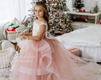 Vestido de flor de renda, vestido de tule para menina, vestido de flor blush, vestido de princesa, vestido de flor para criança, vestido de bebê, vestido de aniversário