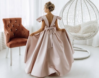 Satin flower girl dress, Girl wedding dress, Rustic flower girl dress,  Blush flower girl dress, Baby formal dress, Junior bridesmaid dress