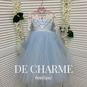 Lace flower girl dress,Junior bridesmaid dress,Wedding dress for girl,Tulle girl dress,Blue toddler dress,Flower girl dress train,Baby dress