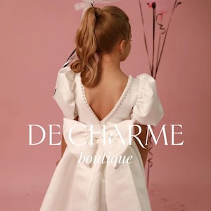 Ivory satin flower girl dress,Baby girl formal dress,White communion dress,Dress with pearls for toddler,Girl long dress with train
