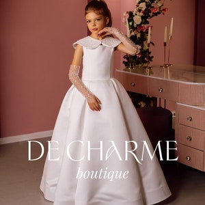 Vestido de cetim marfim para menina das flores, Vestido de primeira comunhão, Vestido de noiva para menina, Vestido de adolescente para férias, Vestido de festa para menina, Vestido com luvas, Vestido de bebê
