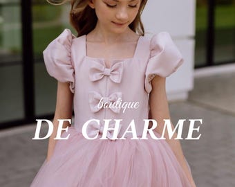 Pink flower girl dress toddler,Girl wedding dress,Dress with bows,Tulle flower girl dress,Tutu dress,Satin dress baby girl,Girl ball gown