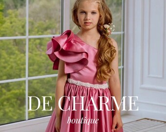 Satin flower girl dress,Wedding dress for girl,Pink girl dress,Dress with train,One shoulder dress,Toddler dress,Girl evening dress