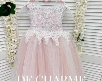 Robe de fille rose, robe de demoiselle d'honneur en dentelle, robe de mariée pour filles, traine de fille, robe pour tout-petits, robe de fille en tulle, robe de bal pour fille, robe pour bébé