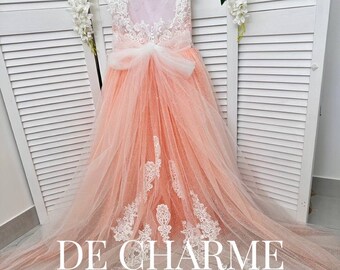 Robe corail pour enfant en bas âge, robe de soirée pour fille, robe de demoiselle d'honneur en tulle, robe de demoiselle d'honneur en dentelle, robe tutu, robe de mariée pour filles, robe d'anniversaire de fille