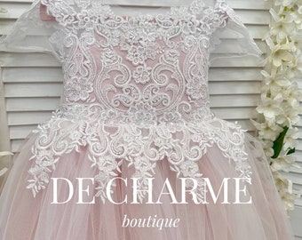 Spitzen-Babykleid, Mädchen-Hochzeitskleid, rosa Mädchenkleid, Tutu-Kleid, Tüll-Blumenmädchenkleid, Erstkommunionkleid, Prinzessinnen-Mädchenkleid, Kleinkindkleid