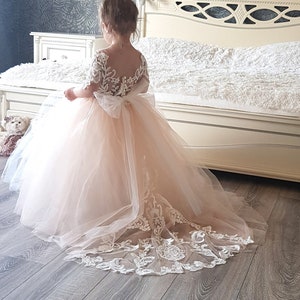 Flower girl dress lace sleeve, First communion dress,Tulle tutu dress,Lace and tulle flower girl dress,White flower girl dress,Toddler dress