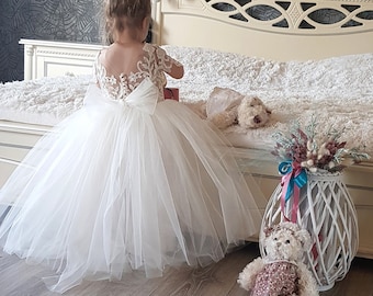 Vestido de niña de flores de princesa, vestido de niña de flor de falda de tul, vestido de niña de flor de encaje, vestido de niña de tutú, vestido de niña de marfil, vestido de dama de honor junior