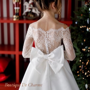 Blumenmädchenkleid Schleppe, Spitze Blumenmädchenkleid, Rustikales Blumenmädchenkleid, Blumenmädchenkleid Tüll, Langarm Mädchenkleid, Kleid mit Schleife