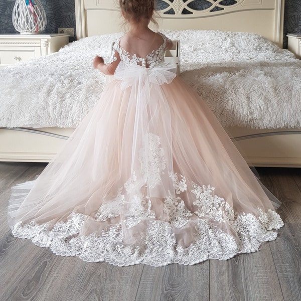 Vestido de niña de flores blancas, vestido de tren para niños pequeños, vestido de niña de flores de encaje, vestido de tul para bebés, vestido de niña de flores de princesa, vestido de tutú, vestido de niña personalizado