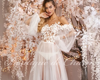 Long sleeve bridal robe, Boudoir dress, Maxi bridal robe, Ivory wedding dress, Sheer tulle dress, Bride peignoir, Wedding morning robes