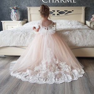 Long tulle flower girl dress, Flower girl dress lace, Tutu flower girl dress,Baby girl dress,Junior bridesmaid dress,Ivory flower girl dress
