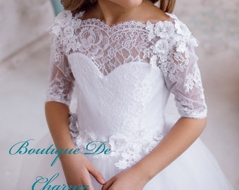 白いフラワーガールドレス、白いチュールドレス、フラワーガールドレス、レースフラワーガールドレス、ボヘミアンフラワーガールドレス、レースドレス、幼児用レースドレス