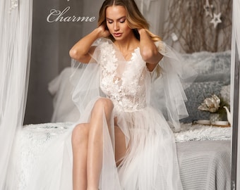 Sheer wedding dress, Lace maxi robe, Bridal boudoir robe, Tulle wedding dress, White wedding robe, Boudoir wedding dress,Bridal robe long