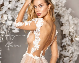 Open back bridal gown, Boudoir wedding dress, Sheer robe, Long lace bridal robe,Tulle wedding dress,Boudoir gown,Wedding robe,Bride lingerie