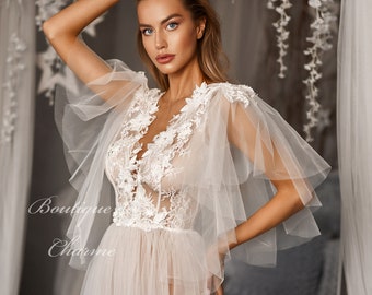 Spitze Hochzeitskleid, Schiere Braut Gewand, Braut Boudoir Gewand, Elfenbein Hochzeitskleid, Braut Peignoir, Tüll Braut Gewand, Langes Spitzen Gewand, Braut Dessous