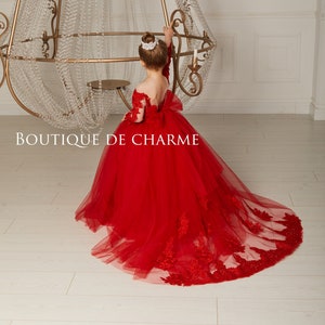 Vestido de menina flor vermelho, Vestido tutu, Vestido de menina flor renda, Vestido de tule bebê, Vestido de noiva menina, Vestido de aniversário menina, Vestido de menina flor cauda