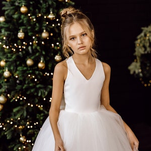 Flower girl dress, Tulle girl dress, Flower girl dress satin,Girl tutu dress,Baby tulle gown,White flower girl dress,Junior bridesmaid dress