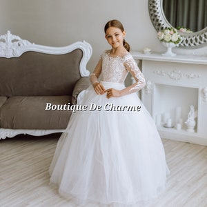 Robe de communion en dentelle, robe de demoiselle d'honneur en dentelle, robe de demoiselle d'honneur tutu, robe de fille d'honneur blanche, robe de demoiselle d'honneur en tulle, robe de demoiselle d'honneur rustique