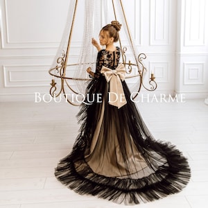 Spitze Blumenmädchenkleid, Kleinkind Satinkleid, Blumenmädchenkleid Zug, Langarm Mädchenkleid, Mädchenhochzeitskleid, Tutu Kleid, Tüll Mädchenkleid