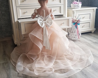 Lace flower girl dress,Flower girl dress with train,Flower girl dress tulle,Tutu girl dress,Flower girl dress long sleeve,Girl wedding dress