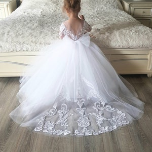 First communion dress, Lace flower girl dress,Flower girl dress tulle,Long sleeve flower girl dress,White flower girl dress,Girl dress train