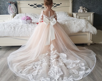 Robe de demoiselle d'honneur en tulle, robe de demoiselle d'honneur, robe de demoiselle d'honneur en dentelle, robe tutu, train de robe de demoiselle d'honneur, robe de bal pour fille, robe de demoiselle d'honneur ivoire