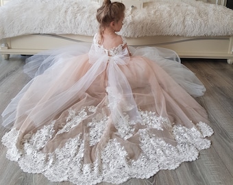 Tulle flower girl dress,Lace flower girl dress,Tutu flower girl dress,Ivory flower girl dress,Baby flower girl dress,Long flower girl dress