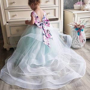 Satin dress for girls, Tulle flower girl dress, Floral baby girl dress, Party girl dress, Toddler dress girls, Ivory flower girl dress