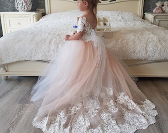 Flower girl dress with train, White lace flower girl dress,Tutu flower girl dress,Flower girl dress tulle,Birthday girl dress,Girl ball gown