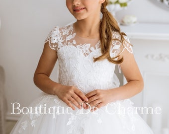 Spitze Blumenmädchen Kleid Tutu Kleid Mädchen Hochzeitskleid Mädchen Kleid Elfenbein Blumenmädchen Kleid Tüll Blumenmädchen Kleid Heilige Kommunion Kleid