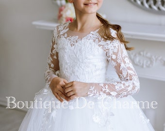 Vestido de primera comunión, Vestido de niña de las flores de manga larga, Vestido de niña de las flores de encaje, Vestido de tutú, Vestido de novia para niña, Vestido de niña de las flores de tul