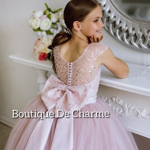 Robe de demoiselle d'honneur scintillante, robe de demoiselle d'honneur tutu, robe de bébé rose, robe de mariée pour fille, robe de demoiselle d'honneur en tulle, robe d'anniversaire de fille