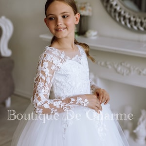 Girl communion dress, Lace flower girl dress, Toddler wedding dress, Tutu baby dress, Flower girl dress train, Flower girl dress sleeves