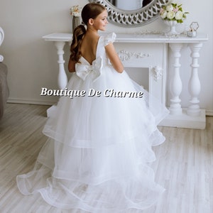 Flower girl dress train,Tulle flower girl dress,Tutu dress,Satin flower girl dress,Girl wedding dress,Girl party dress,First communion dress