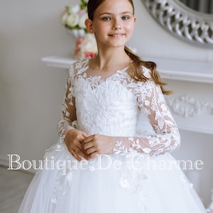 Vestido de primeira comunhão, Vestido de florista manga longa, Vestido de renda para florista, Vestido tutu, Vestido de noiva para menina, Vestido de tule para florista