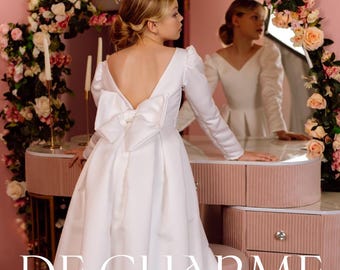 Erstkommunion Kleid, Satin Blumenmädchen Kleid, Mädchen-Party-Kleid, Baby-Mädchen Kleid, Blumenmädchen Kleid mit Schleife, Mädchen Hochzeitskleid, langes Kleid