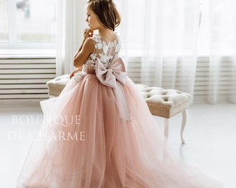 Flower girl dress, Tulle flower girl dress,Flower girl dress lace,Tutu girl dress,Ivory flower girl dress,Rustic flower girl dress,Girl gown