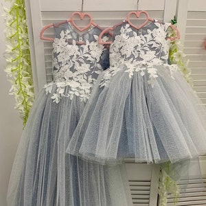 Dusty blue flower girl dress, Lace flower girl dress, Tulle girl dress, Tutu dress, Flower girl dress train,Girl wedding dress,Toddler dress