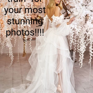 Brudklänning, Brudklänning i spets, Boudoirklänning, Boho brudklänning, Bröllopsklänning i tyll, Transparent morgonrock, Släp av brudklänning, Brudklänning med öppen rygg bild 4